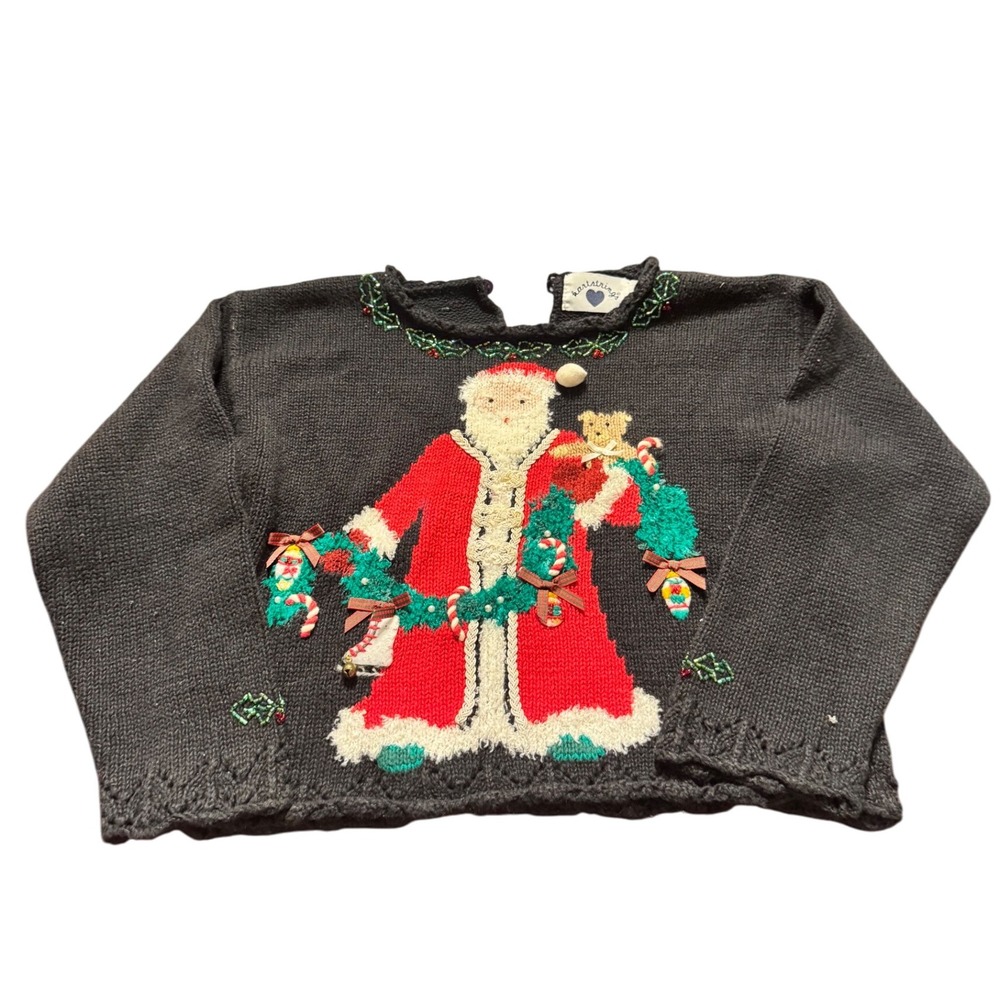 Vintage Hartstrings Kids 4T Christmas Sweater Santa Claus Candy‎ Cane Applique